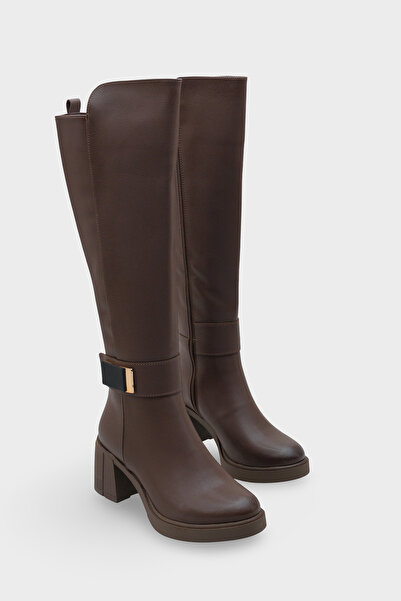 LOJO Women's Thick Sole Buckle Heeled Casual Boots Acos Brown