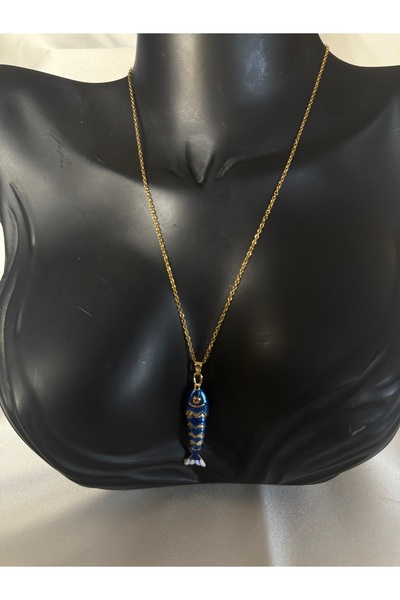 ALBATROS 316 L Çelik Gold Zincir Lacivert Balık Kolye