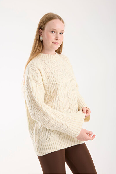 İLKCET MODA Thessaloniki Knitted Cream Oversize Knitwear Women's Long Sweater