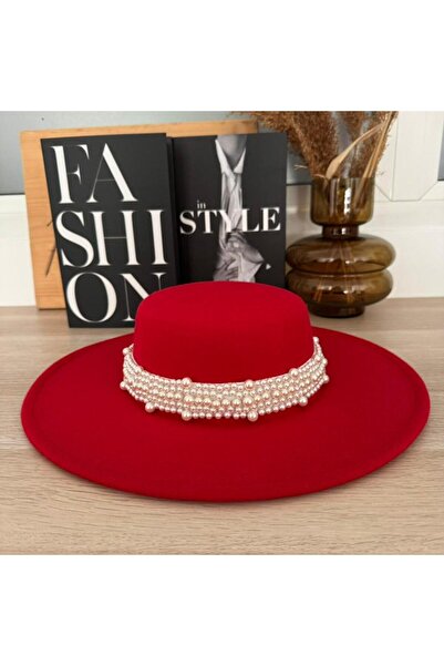 Pursehuit Women's hat, red, boater style, wide brim, handmade, with removable pearl accessory, Gretha