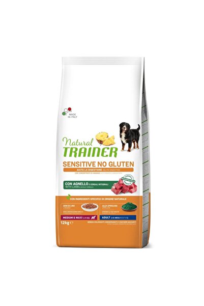 Natural Trainer Hrană de cățel pentru antrenament pentru câini sensibili, fără gluten, medie-maxi, pentru câini adulți cu miel, 12 kg