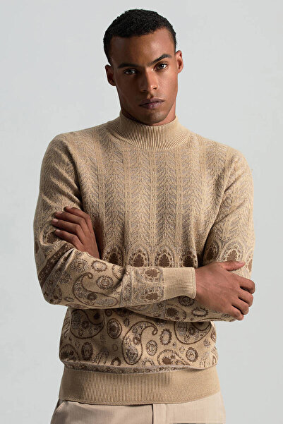 Hemington Merino Yün İpek Karışım Paisley Desen Lupetto Yaka Camel Triko Kazak
