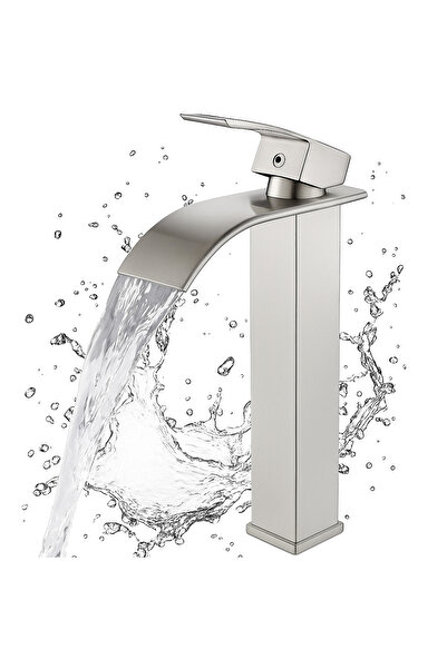 Elindor ® Tall Silver Waterfall Sink Faucet, Modern Single-Lever Bathroom Faucet, Double Control