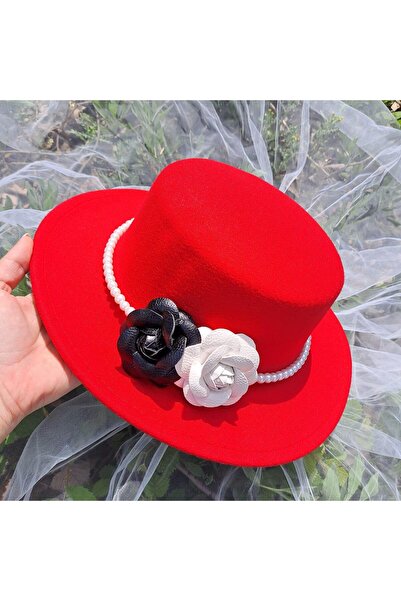 Pursehuit Red hat, boater style, handmade, with flowers and pearls, Senaida