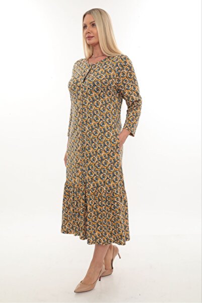STELLETO Three-Quarter Sleeve Patterned Full Buttoned Cotton Dress with Pocket Detail