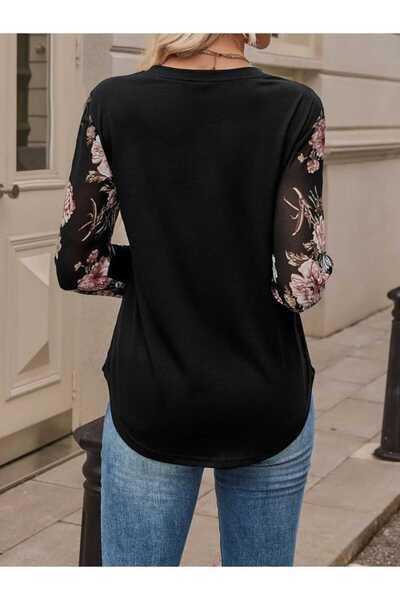 JANES Γυναικεία μπλούζα με λουλουδάτο σχέδιο με λαιμόκοψη και υφασμάτινη βισκόζη με δύο κλωστές