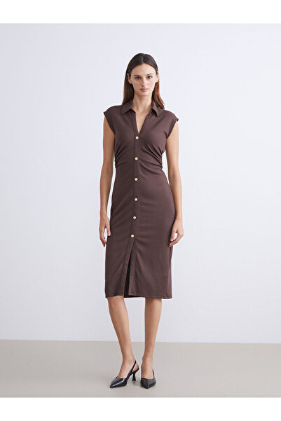 LC Waikiki LCWAIKIKI Κλασικό καφέ πουκάμισο φόρεμα με κορδόνια S5S482Z8