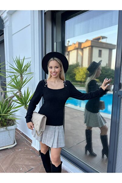 For Angels Square Neck Sweater with Pearl Shoulders