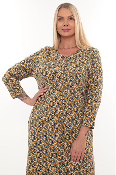 STELLETO Three-Quarter Sleeve Patterned Full Buttoned Cotton Dress with Pocket Detail