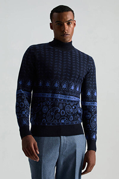 Hemington Merino Yün İpek Karışım Paisley Desen Lupetto Yaka Lacivert Triko Kazak