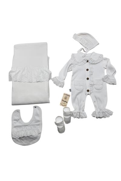 Baby day 5-piece white cotton baby girl's reception set with a collar and pockets, lace and ruffles