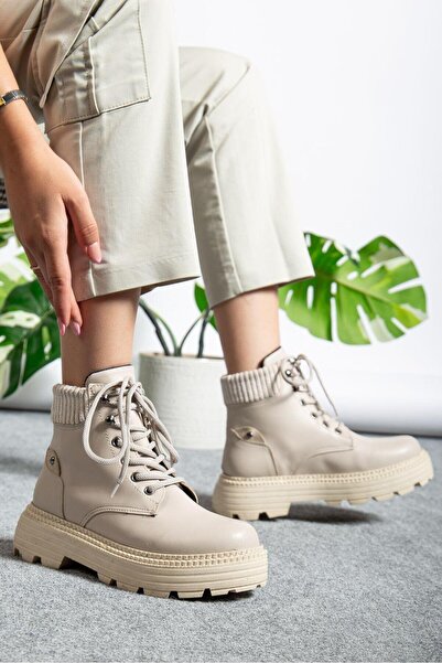 motto store Beige Leather Elastic Lace-Up Flat Sole Women's Boots