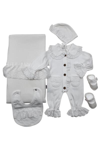 Baby day 5-piece white cotton baby girl's reception set with a collar and pockets, lace and ruffles