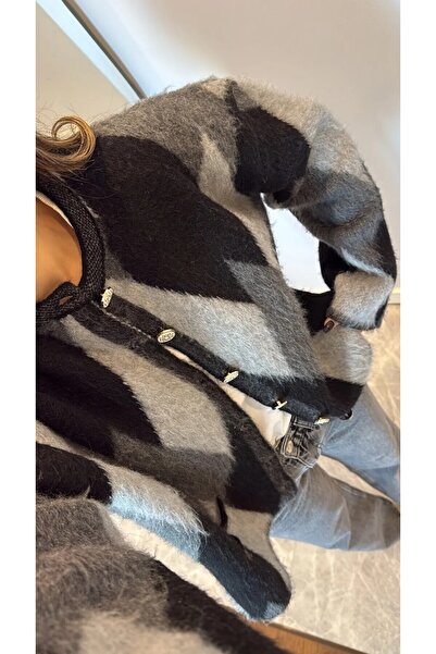 ASEZ BUTİK Cardigan de tricotat cu nasturi cu pene cu model de diamante pentru femei – Negru Gri Oversize