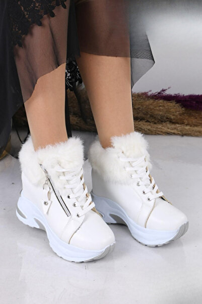 OBAY LİFE Women's Plain White Inner Skin Wool 10 cm Hidden Heel Boots Nbr1120