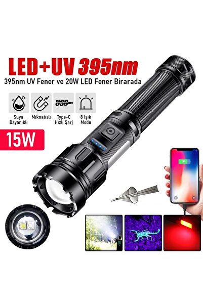 valkyrie 15W LED + UV El Feneri 3000mAh Şarjlı 9 Mod Zoom Powerbank Özellikli...