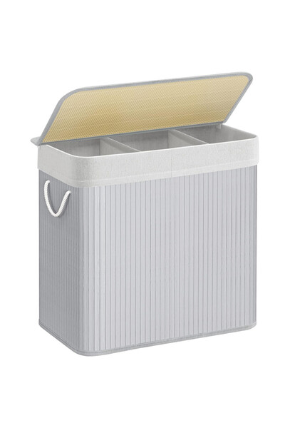 Optim Solution Bamboo Laundry Basket, Foldable, Detachable Washable Lining, 3 Compartments, 150L, 60x40x62cm, Grey