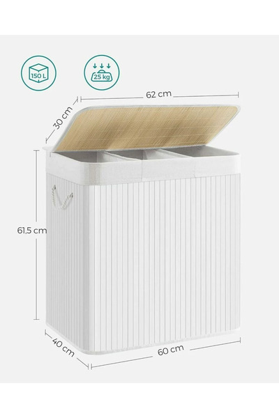 Optim Solution Coș de rufe pliabil din bambus, căptușeală detașabilă și lavabilă, 3 compartimente, 150L, 60x40x62cm, alb