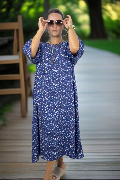 yagmurberen Truvakar Sleeve Cropped Collar Relaxed Fit Cotton Viscose Flare Fit Extra Large Size Dress