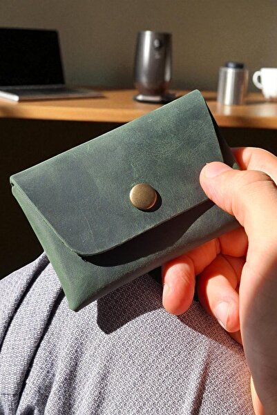 MAT Deri Green Genuine Leather Card Holder Seamless Small Wallet Horizontal Business Card Holder / Men Women Card Holder