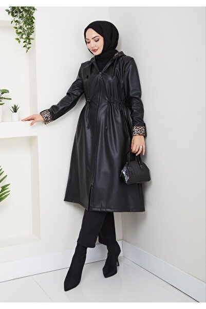 Hb Harma Time Butik Kadın Kapüşonlu Fermuarlı Şardonlu Deri Siyah Kap