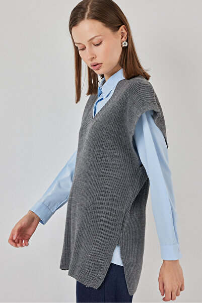 Bigdart Pulover de tricotat cu decolteu în V pentru femei 15925 - Gri