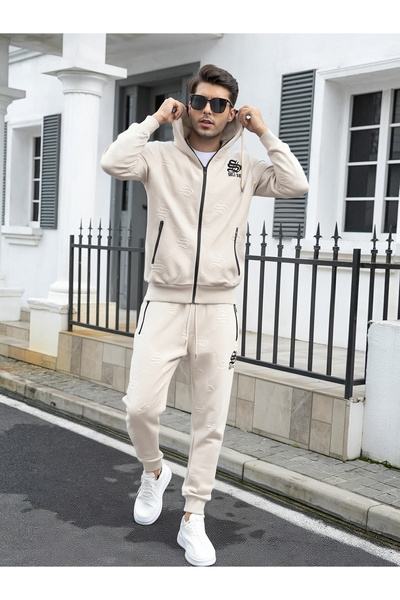 ONE Men’s Black Tracksuit 2 Piece Set – SKLI SIK Embossed Logo Hoodie & Joggers with Zipper Pockets