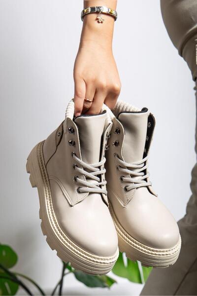 motto store Beige Leather Elastic Lace-Up Flat Sole Women's Boots