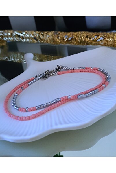 Other 2-Piece Anklet Set, Silver and Powder-Colored Beaded Elastic Cord, Suit...