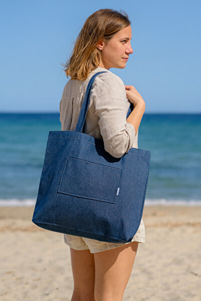 DENİMTİME Mavi Denim Kumaş Unisex Cepli Bez Plaj Çantası