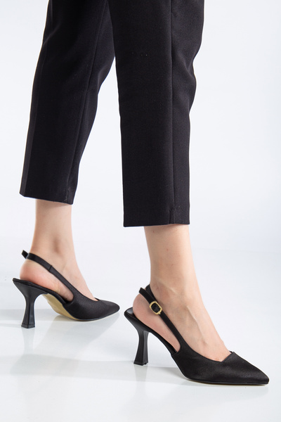 ŞIK STORE Satin Stiletto Pointed Toe Open Back Heeled Casual Comfortable Women's Black Heeled Shoes