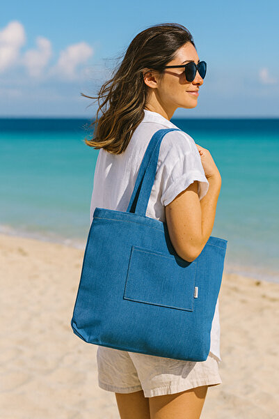 DENİMTİME Açık Mavi Denim Kumaş Unisex Cepli Bez Plaj Çantası