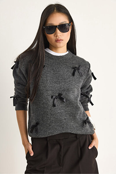 Bianco Lucci Pulover de tricotat obișnuit cu fundă pentru femei 20246871