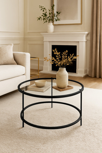 AssuCass Mars Metal Camlı Demonte Orta Sehpa Siyah Şeffaf