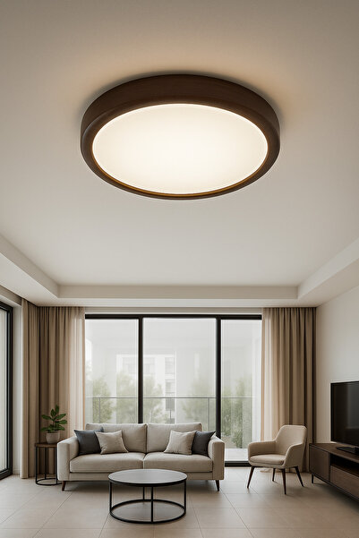 AILEEN Ahşap Görünümlü LED Tavan Lambası – Yuvarlak Modern Avize, Enerji Tasarruflu