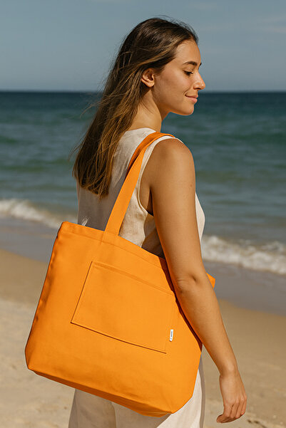 DENİMTİME Turuncu Denim Kumaş Unisex Cepli Bez Plaj Çantası