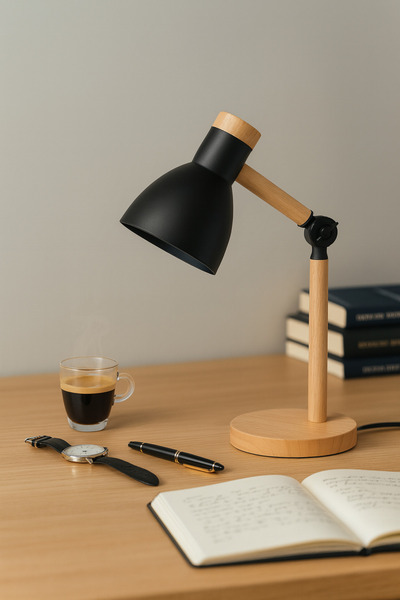 Vivido Home Doğal Ahşap İskandinav Siyah Masa Lambası