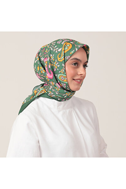 ipekistanbul Eșarfă din mătase de bumbac - Model floral etnic - Verde kaki