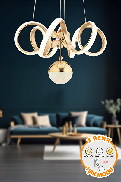 Dekorluna Modern Vega Gold 3 Renk Işık Özellikli Power Led Kaplama Sarkıt Led Avize Salon Avize