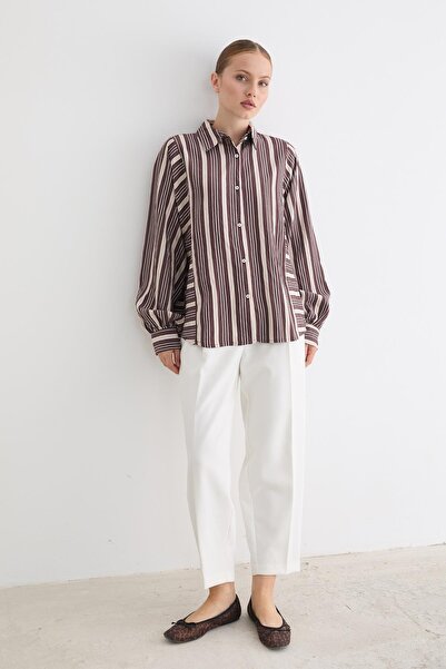 LEVURE Buttoned Front Striped Oversize Shirt Brown