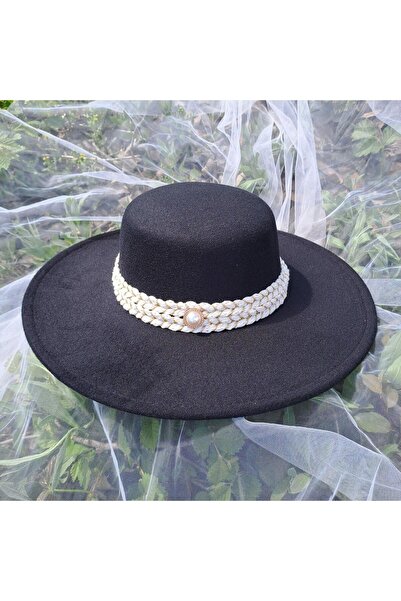 Pursehuit Pălărie neagră, stil bărcuțer, cu bor larg, lucrată manual, Serin