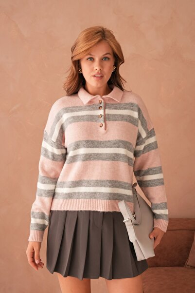DONNA LISSA Striped Polo Neck Buttoned Oversize Knitwear Sweater