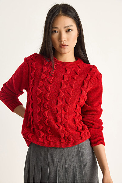 Bianco Lucci Women's Crew Neck Ruffled Soft Knitwear Sweater 60261184