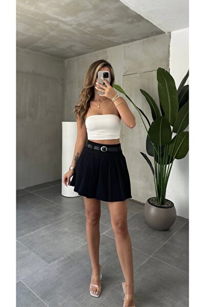 asfamoda Pantaloni scurți negri căptușiți pentru femei, cu fustă mini scurtă plisată cu centură