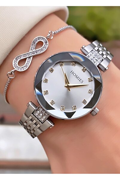 Homies ساعة يد نسائية – تصميم كريستالي مع سوار فولاذي فضي، هدية مميزة