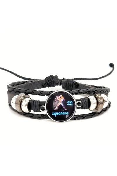 YIWU Karanlıkta ışıldayan Kova Burcu Ayarlanabilir Suni Deri Bileklik, hem erkek hem kadın için uygun