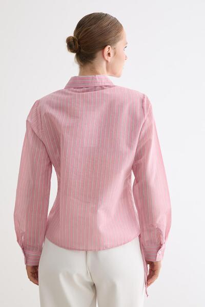 LEVURE Kadın Yan Büzgülü Bağcıklı Çizgili Gömlek PEMBE