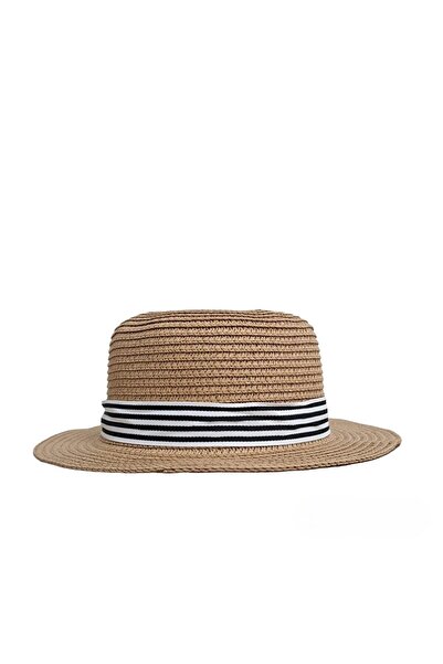 Pursehuit Beige, summer hat, boater style, handmade, with removable accessory, Silvia