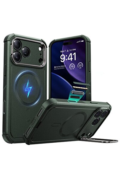 Stef's Cat Protective Case for iPhone 17 Pro, Cyber Armor Kickstand, Green