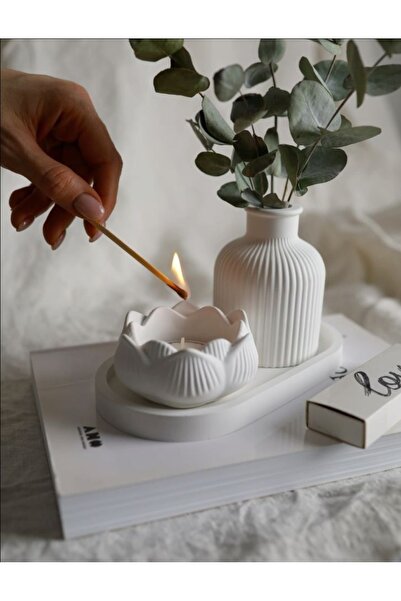 Genel Markalar 3'lü Dekoratif Set Vazo, Lotus Mum, Oval Tabak
